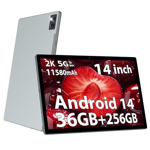DEZLTID 2025 Tablet 14 inch Android 14 Tablets - 2K Tablet (2000x1200), 36GB+256GB(1TB TF), 11580mAh, 8-Core 2.0GHz, 5G/2.4G Dual WiF,8+13MP, 4 Speakers,Split Screen, GPS with Stylus - Gray