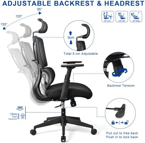 BASETBL Ergonomic Office Chairs for Home, High Back Mesh Desk Chair with Adjustable Headrest and Armrests, Computer Chair with Lumbar Support, Breathable Swivel Task Chair, Black