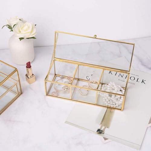 Feyarl Gold Glass Tea Bags Box Sea Shell Display Organizer Cosmetics Countertop Canister Box Jar Storage Glass Jewelry Trinket Ring Earring Box Container for Girl Women Gift - Thumbnail 4