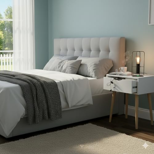 Image of Modern White Bedside Table with 1 Drawers & Wooden Legs | Compact Nightstand for Bedroom | Scandinavian Style Side Table with Storage for Home Living Room (White, 1 Drawer)