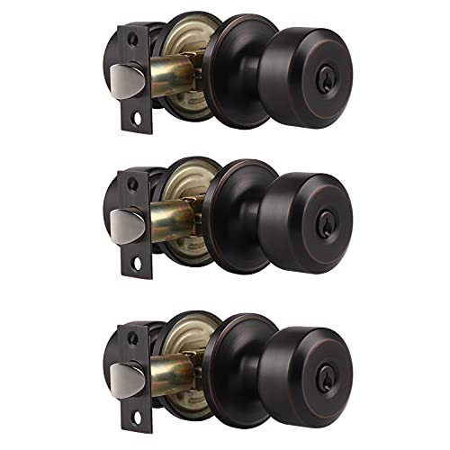 3 Pack-Oil Rubbed Bronze Door Knobs Combo Pack, Entry Door Knobs Keyed Alike, Exterior and Interior Door Hardware,for Study/Garage/Front Entrance Door