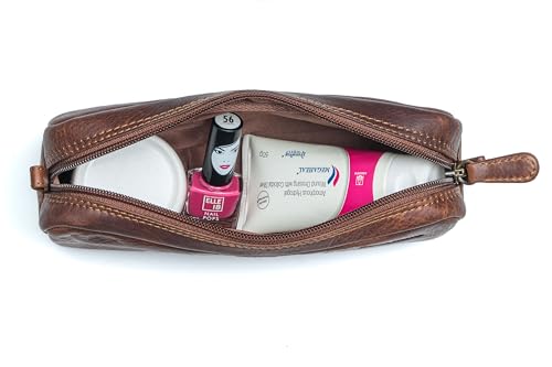 Image of Calfnero Genuine Leather Toiletry Bag for Men & Women | Premium Leather Travel-Pouch | Toiletry Organizer | Cosmetic & Shaving Kit Bag | Unisex Travel Dopp Kit (Kara)