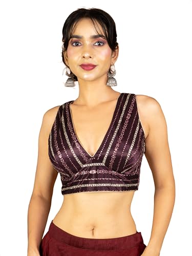 Image of FIGURE'S DESIGNER Women's Sequin Embroidered SabyaSachi Cut V Neck Sleeveless Readymade Saree Blouse E24