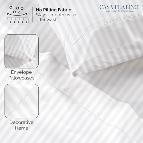 Casa Platino 100% Egyptian Cotton Sheets Queen Size Set - 6 Pieces - Damask Stripe- Ultra Smooth Sateen Weave Bed Sheets, 15" Deep Pockets - Pure White Sheet Set