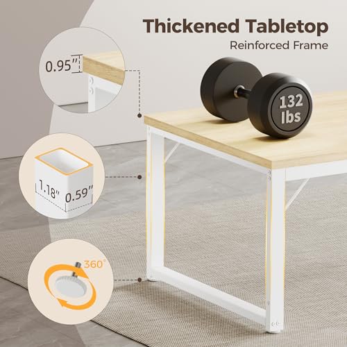 Image of Mericonia 40 Inch Computer Desk, 1 inch Thick Small Office Table, Oak | Modern Simple Style, Heavy Duty Industrial Frame, Small Study & Writing Table for Home Bedroom Work