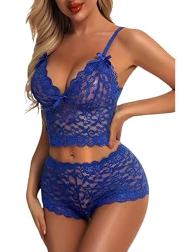PARUPRUP Damen Sexy Strapsen Dessous Set Floraler Spitze mit Schleife Dünnes Unterwäsche-Set Netzstoff, Transparentes, Ausgehöhltes BH-Höschen...