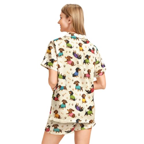 Image of Funny Pajamas for Women Set Print Satin Loungewear Pjs Short Sleeve Button Down Top and Shorts Sets Sleepwear XS-3XL