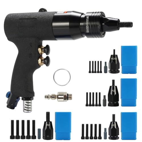 Kit de herramientas neumáticas de tuerca de remache, pistola de remache de aire de velocidad ajustable con 5 mandriles (10-24, 1/4, 5/16, 3/8), pistola remachadora neumática resistente para uso