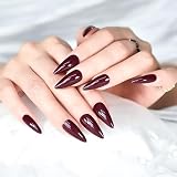 24pcs Dark Burgundy Press On Fake Nails Medium Long Stiletto Sharp Pointed False Nail Tips Glossy Full Cover Stick On Acrylic Nails For Women And Girls