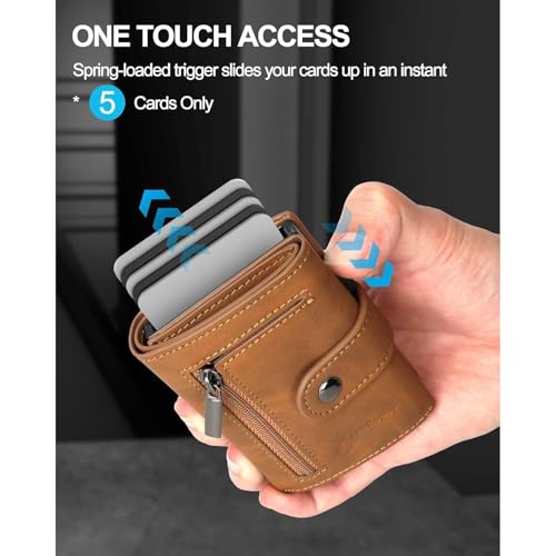 Genuine Leather Wallet for Men Slim Trifold AirTag Holder RFID Blocking 2 ID Windows Pop Up Card Holder Cash Slot Coin Pocket Gift (Brown)3