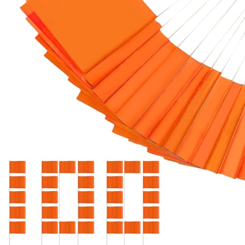 Marking Flags For Lawn, High Visibility Banners For Landscapers, 100 Pieces Fluorescent Orange Marking Flags, Gardeners Outdoor Ground Event Field Survey Irrigation Construction