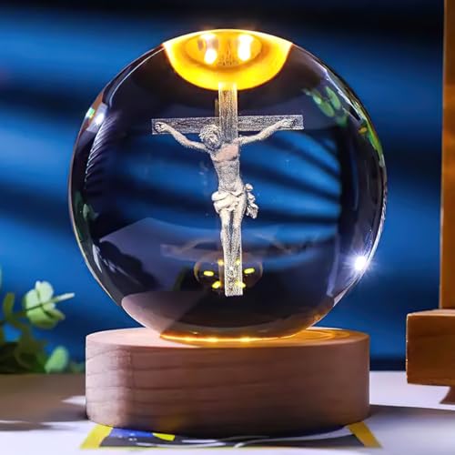 Jesuspirit - Christian Decor, Wooden Light Base Crystal Ball Night Light, Home Decor - Christian Gifts for Men and Women (3D Jesus Engraved)