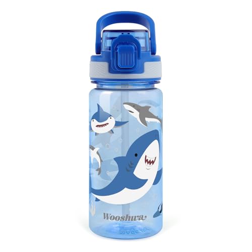 wooshwa Trinkflasche mit Strohhalm 480ml Auslaufsicher Sport Trinkflaschen Wasserflasche zum Wandern & Fitnessstudio mit Tragegriff BPA-frei - Hai