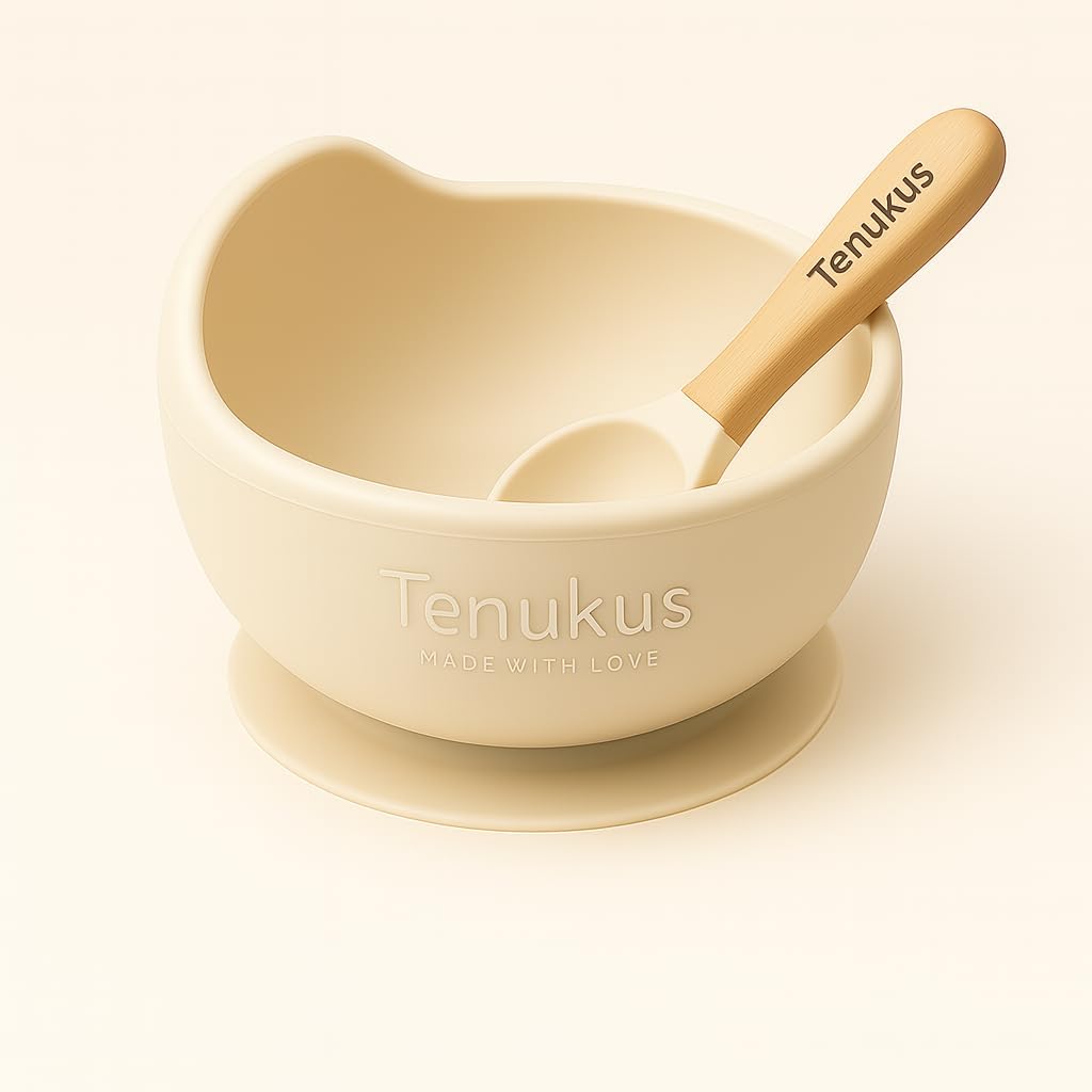 Silicone Suction Baby Bowl and Spoon Set – BPA-Free, Soft-Tip Spoon – Ivory | Baby Feeding Essentials by Tenukus