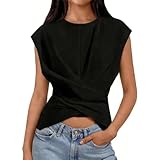 Women's Short Sleeve Round Neck T Shirt Fashion Criss Cross Hem Tops Summer Casual Fitted Wrap Tie Back Blouses Black