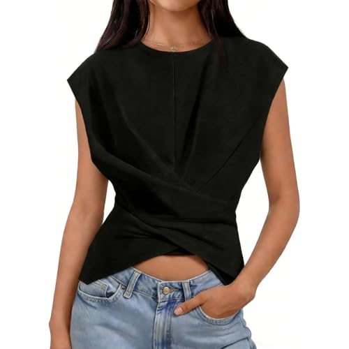 Women's Short Sleeve Round Neck T Shirt Fashion Criss Cross Hem Tops Summer Casual Fitted Wrap Tie Back Blouses Black
