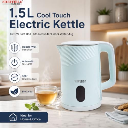 Image of SHEFFIELD CLASSIC 1.5L Cool Touch Electric Kettle for Home & Office | 1350W Fast Boil Stainless Steel Water Jug | Double-Wall Insulation, Automatic Shut-Off & 360 Cordless Base (Blue, BPA-Free)