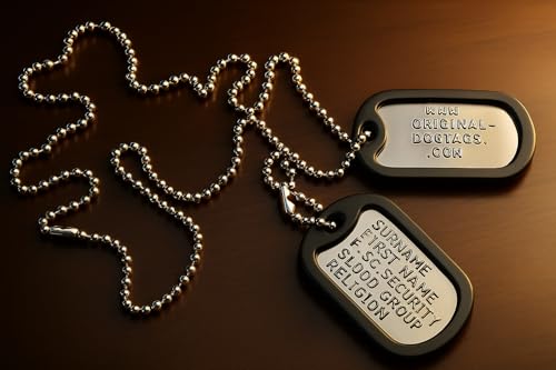 ANDREW'S E-STORE Original-DogTags: Militärische Erkennungsmarken (Dogtags) - 2 Stück Edelstahl, 2 x schwarze Gummi-Schalldämpfer, 1 x lange & 1 x kurze Kette