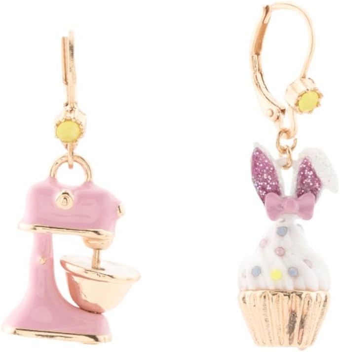 Betsey Johnson Mismatched Earrings, Pink Stand Mixer and Bunny Cupcake Design, Lever Back Closure