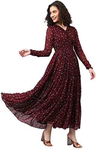 DEEBACO Women's Georgette Dobby Smocking Tiered Maxi Dress|Sleeveless|V-Neck Frill|Casual Trending Fashion Long One Piece Dresses Women Western