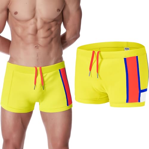 Men's Swimwear Adjustable Drawstring Double Layer Lined Bulge Pouch Swim Trunks Swimsuit Square Leg