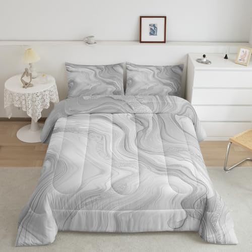 Teens Gray Marble Abstract Comforter Set Queen Size,Modern Chic Watercolor Bedding Set for Kids Boys Girls Bedroom Decoration,Luxury Abstract Bed Duvet Insert,Marble Comforter with 2 Pillowcases