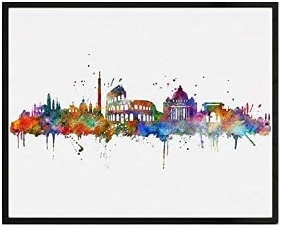 ZEARPT Rome City Skyline Building Watercolor Poster Italy Silhouette Cityscape Painting Artwork Gift Rome Unique Artwork Poster Bedroom Wall Decor 8x10 inch Unframed
