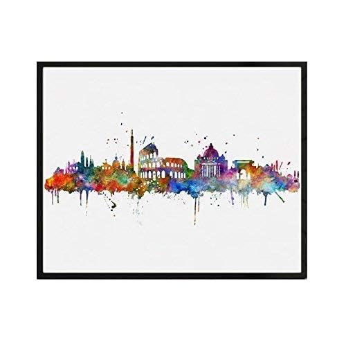 Rome City Skyline Building Watercolor Poster Italy Silhouette Cityscape Painting Artwork Gift Rome Unique Artwork Poster Bedroom Wall Decor 8x10 inch Unframed