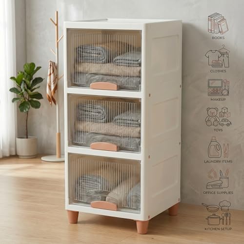 Image of Ash & Roh 3-Tier White Multi-Layer Plastic Storage Cabinet with Transparent Flip Door | Space Saving Organizer for Kitchen, Bedroom, Office | Foldable Stackable Storage Unit with Legs