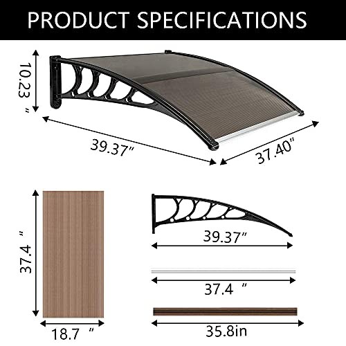 Vingli Window Awning Door Canopy, 40" X 40" Window Awning Overhead Door Modern Polycarbonate Cover Outdoor Front Door Patio Canopy Uv Rain Snow Sunlight Protection Hollow Sheet/Brown #TOP1