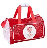 safta | Strandtasche des FC Sevilla, Schultertasche, atmungsaktives rotes Netzgewebe mit Wappen, gefütterter Tragegriff, Reißverschlusstasche vorne, Maße: 47 x 27 x 26 cm