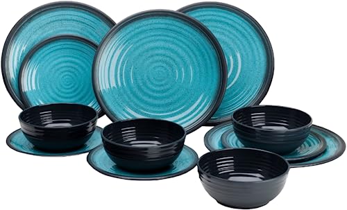 Xtremeauto 12pc Dinner Set Plates and Bowls Set - Dinnerware Sets Melamine Bowl Plate Crockery Plate Set Dining Tableware Dishes Dishwasher Safe Set Caravan (Granite Aqua 12pc Set)