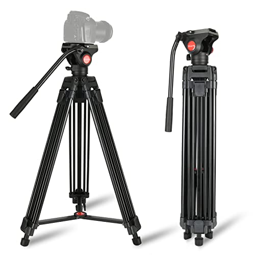 Heavy Duty Tripod Professional Video Camera Tripod Aluminium 67 Inches with 360 Degree Fluid Head and QR Plate, Mid-Level Spreader, Max Loading 22LBS for Canon Nikon DSLR Cameras Video Camcorders
