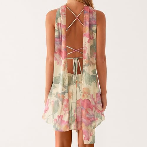 Women Y2k Floral Mini Dress with Scarf Boho Mesh Sleeveless Tie Back V Neck Short Dress Summer Beach Sundress4