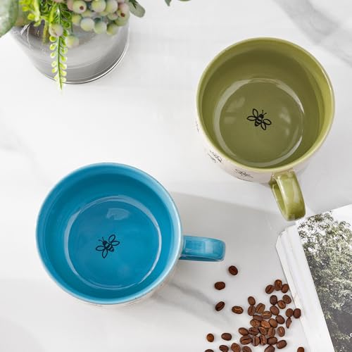 32 Ounce Ceramic Soup Mugs with Lids, Set of 2 - Bee Patterned, Microwave &  Dishwasher Safe