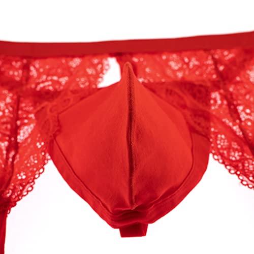 Men Jockstrap Thong Lace Belt Lingerie See Through Pouch Lightweight Underwear Sexy Breathable Hollow Briefs G String Red4