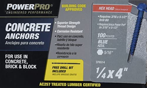 Power Pro Blue Hex Washer-Head Concrete Screw Anchors (1/4" X 4") - 100 Pc #TOP23