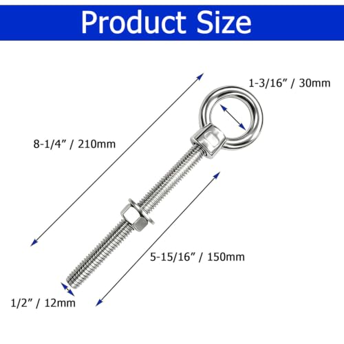 ANPTGHT 1/2" x 6" Eye Bolts, Marine Grade Heavy Duty 304 Stainless Steel Threaded Shoulder Eyebolts with Washers＆Nuts (5 Pack) by ANPTGHT - Image 2