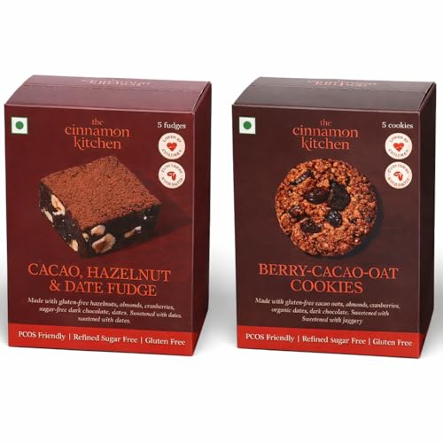 Image of The Cinnamon Kitchen Healthy Snack Combo 315g Cacao Hazelnut Date Fudge & Berry Cacao Oat Cookies (5 Pcs Each) | Gluten-Free | Organic | Refined Sugar Free | PCOS-Friendly