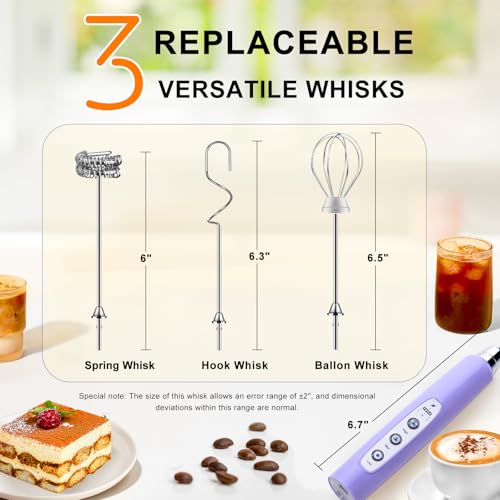 Image of YUSWKO Light Purple Handheld Milk Frother Wand for Coffee, Rechargeable Electric Whisk with 3 Heads 3 Speeds Drink Mixer Coffee Frother For Latte, Cappuccino, Hot Chocolate, Egg