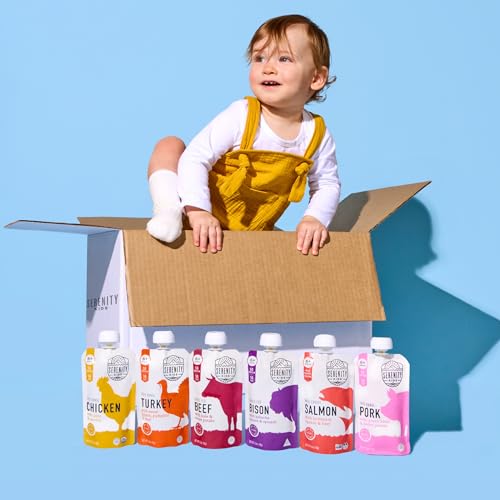 Image of Serenity Kids Baby Food Pouches, 5g Protein,No Added Sugar, 3.5 Oz, 24 Pack | More Filling Snack or Meal, No Added Sugar, Six Meat & Veg Purees, Organic Baby Food with Meat, For Travel & Daycare