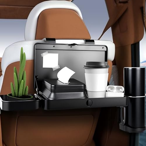Car Seat Tray, Car Back Seat Organizer, Car Food Tray Table for Eating, Backseat Cup Holder, Headrest Food Tray for Car, Multifunctional Adjustable Travel Tray wirh Tissue Box