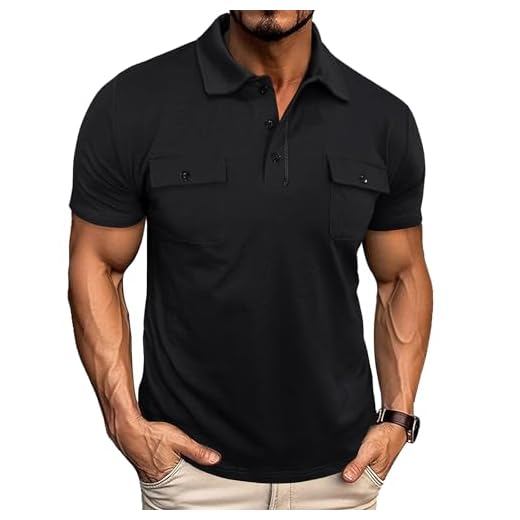 Aulemen Camisa polo masculina manga curta casual slim fit botão básico golfe absorção de umidade com bolso, Preto, G