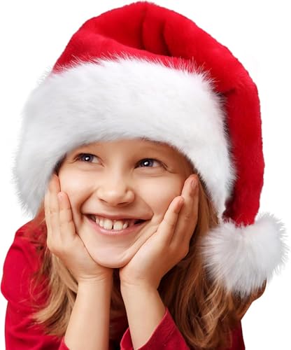 HOIIOH Kids Santa Hat – Plush Red Xmas Hat with Soft Faux Fur Trim, Unisex Christmas Santa Claus Hat for Boys & Girls, Warm Festive Headwear for School Events, Parties & Holiday Costumes
