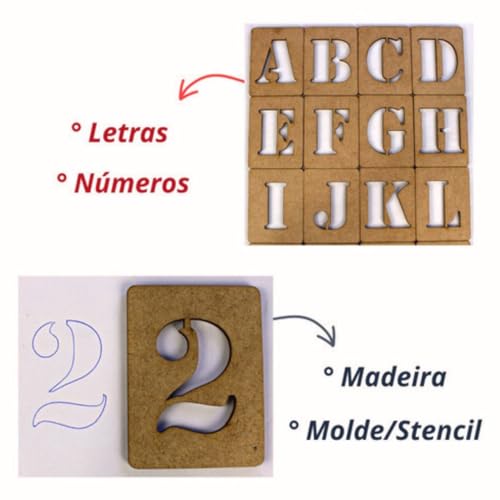 Alfabeto Letras e Números em Madeira Vazada, Stencil Educativo, 5cm