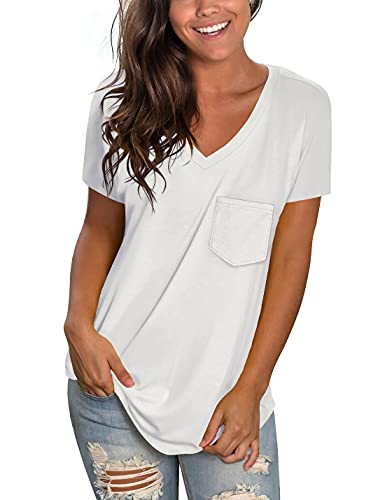 Weeso White V Neck T Shirts For Women Short Sleeve Tshirts Womens Summer Tops With Pocket White M #TOP3