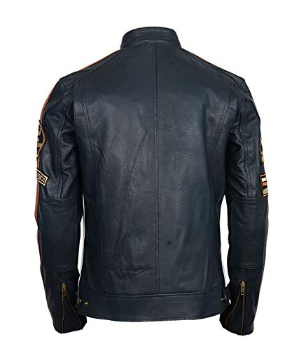 LP-FACON Mens Vintage Motorcycle Patches Retro Stripes Cafe Racer Biker Leather Jacket | Detachable Hood 5
