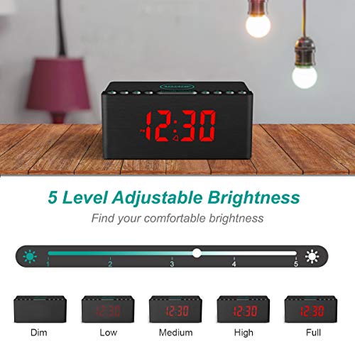 Anjank Wooden Digital Alarm Clock Fm Radio,Fast Wireless Charger Station For Iphone/Samsung,Dimmable Led Display,Usb Charging Port,Sleep Timer,Wood Modern Clock For Bedroom Bedside(Black) #TOP4
