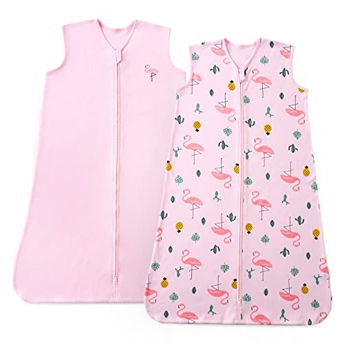 Image of POSENPRO 2 Pack Baby Sleep Sack, Unisex Sleeveless Cotton Baby Wearable Blanket with 2 Way Zipper, All Season Soft Baby Sleep Bag Suit for Baby Toddler, Medium (6-12 Months) - Flamingo