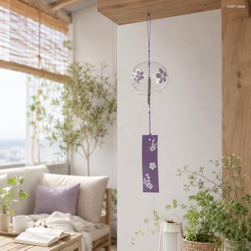Image of Artibetter Japanese Glass Wind Chime Hanging Bell with Cherry Blossom Design | Handmade Furin Wind Bell for Home, Balcony, Garden, Patio, Window & Gift Decor (Purple)